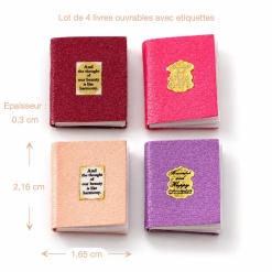 Lot de 4 livres miniatures ouvrables bordeaux rose et violet avec dimensions