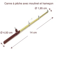 Canne à pêche miniature en métal avec moulinet et hameçon, accessoire réaliste pour maison de poupée 1:12. Vue principale avec dimensions