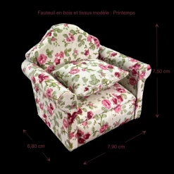 Fauteuil miniature en tissu fleuri et bois, idéal pour une maison de poupée élégante. Modèle "Printemps", avec coussin assorti pour une touche cosy. Avec dimensions