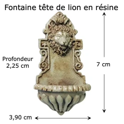 Fontaine murale miniature en résine avec tête de lion sculptée vue principale avec dimensions