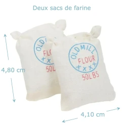 Deux sacs de farine miniatures écru “Old Mill Flour” vue principale avec dimensions