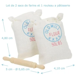 Lot de deux sacs de farine et rouleau miniature 1/12ᵉ vue principale avec dimensions