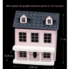 Mini maison rose en bois 1/12ᵉ, porte et toit ouvrant avec mesures