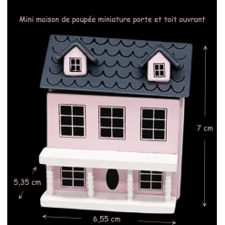 Mini maison rose en bois 1/12ᵉ, porte et toit ouvrant avec mesures