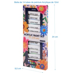 boîte de peinture acrylique 14 tubes dimensions 24 cm x 9,5 cm