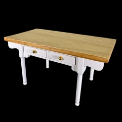 Table console miniature en bois blanc avec plateau verni et 2 tiroirs – vue de trois quarts – 1/12e