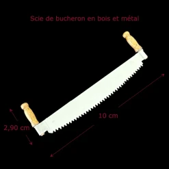 Scie bûcheron miniature bois métal 1/12ᵉ vue principale avec dimensions
