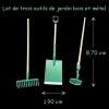 lot d’outils de jardin miniature 1/12ᵉ en bois et métal avec dimensions