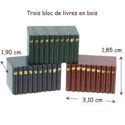 trois blocs de livres en bois miniature 1/12ᵉ bordeaux vert bleu pour maison de poupée avec dimensions