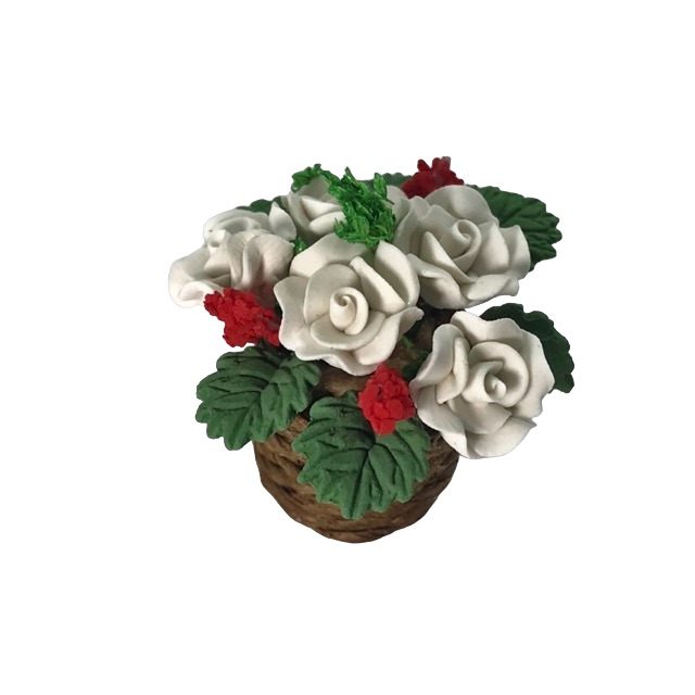 Bouquet de fleurs rouges en pot tressé miniature 1:12, accessoire décoratif pour maison de poupée, réaliste et artisanal.