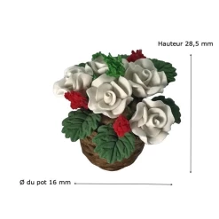 Bouquet de fleurs rouges en pot tressé miniature 1:12, accessoire décoratif pour maison de poupée, réaliste et artisanal. Avec dimensions