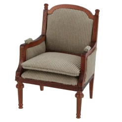 Fauteuil bergère style Louis XVI en bois style merisier, tissu velours miniature 1:12