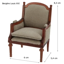 Fauteuil bergère style Louis XVI en bois style merisier, tissu velours miniature 1:12 avec dimensions