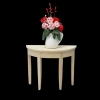 Table demi-lune en bois brut pour maison de poupée miniature présentée avec un vase garni de fleurs