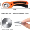 Cutter rotatif Ø 45 mm, manche ergonomique orange et noir, livré avec 5 lames de rechange, parfait pour la découpe précise de divers matériaux.