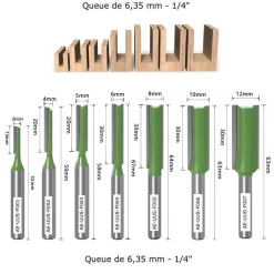 Fraise à rainurer 3 à 12 mm pour bois, queue 6,35 mm, carbure de tungstène Vue globale