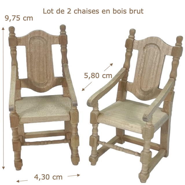 Lot de chaise accoudoirs bois brut pour maison de poupée. Avec mesures