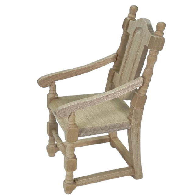 Lot de chaise accoudoirs bois brut pour maison de poupée. Vue de côté