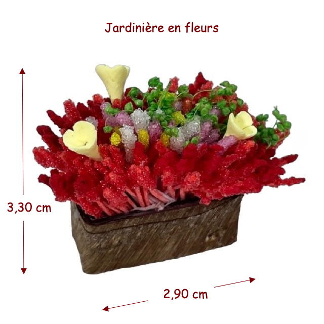 Arrangement floral miniature en jardinière de résine, idéal pour décoration de maison de poupée échelle 1:12. Vue principale avec dimensions