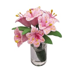 Fleurs roses en bocal de verre miniature, parfaites pour décoration de maison de poupée échelle 1:12. Vue principale