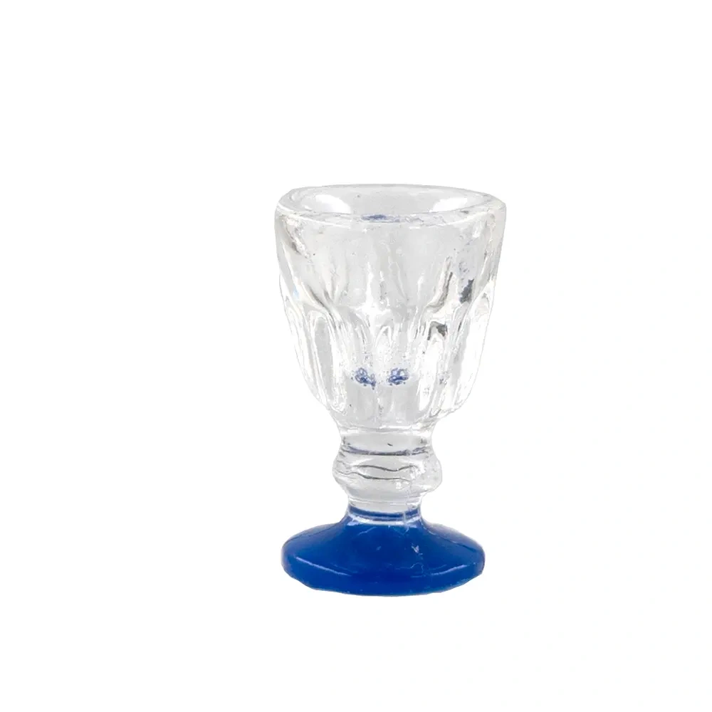 Verre à pied miniature transparent avec socle bleu pour maison de poupée 1/12e