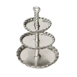 Présentoir à biscuits miniature en métal argenté à trois niveaux, idéal pour cuisine et salon de thé de maison de poupée, échelle 1:12. Vue principale
