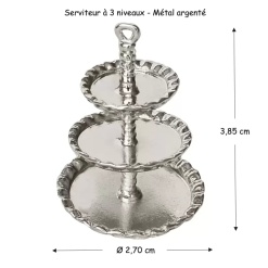 Présentoir à biscuits miniature en métal argenté à trois niveaux, idéal pour cuisine et salon de thé de maison de poupée échelle 1:12. Avec dimensions
