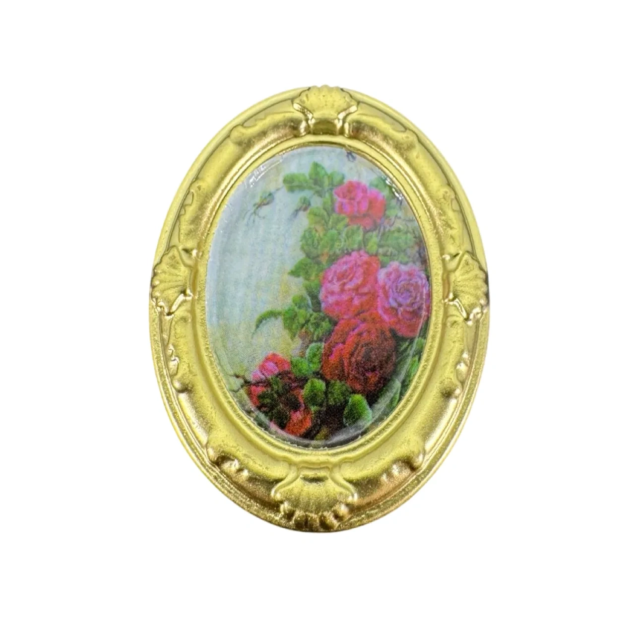 Tableau miniature ovale doré avec décor de roses sur fond blanc