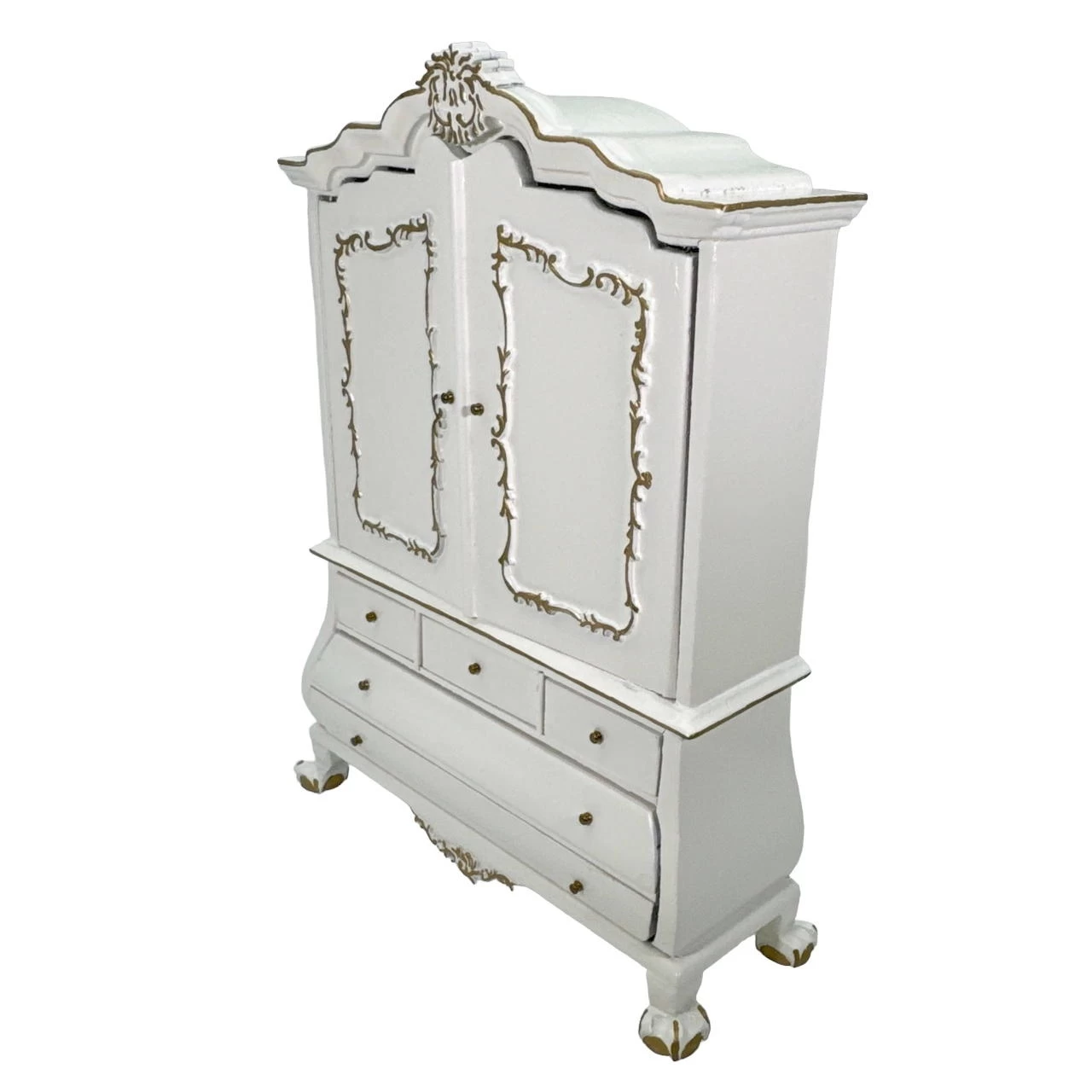 Armoire miniature blanche style français 1:12, détails dorés élégants, parfaite pour collection de maisons de poupée.
