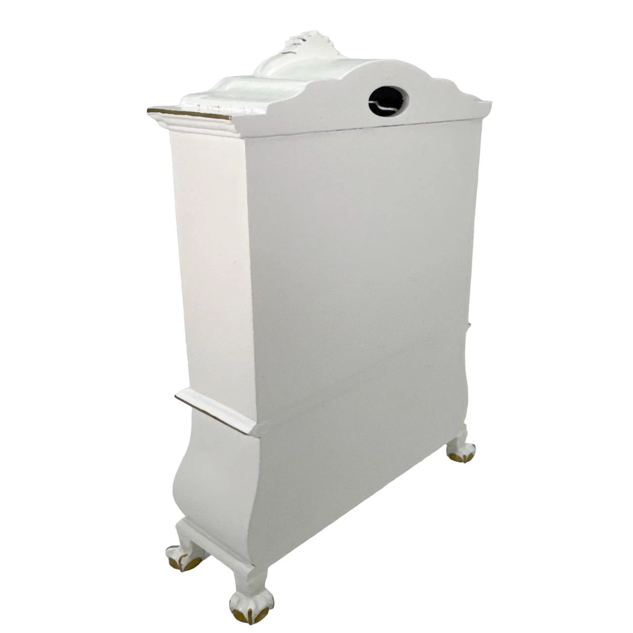 Armoire miniature blanche style français 1:12, détails dorés élégants, parfaite pour collection de maisons de poupée.