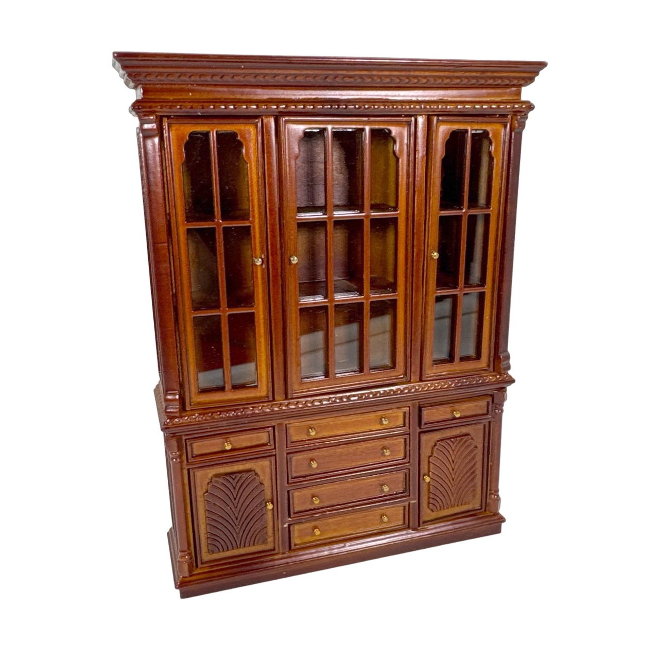 Bibliothèque miniature en bois sombre à l'échelle 1:12 avec finitions dorées et détails en relief, idéale pour collection de maisons de poupée.