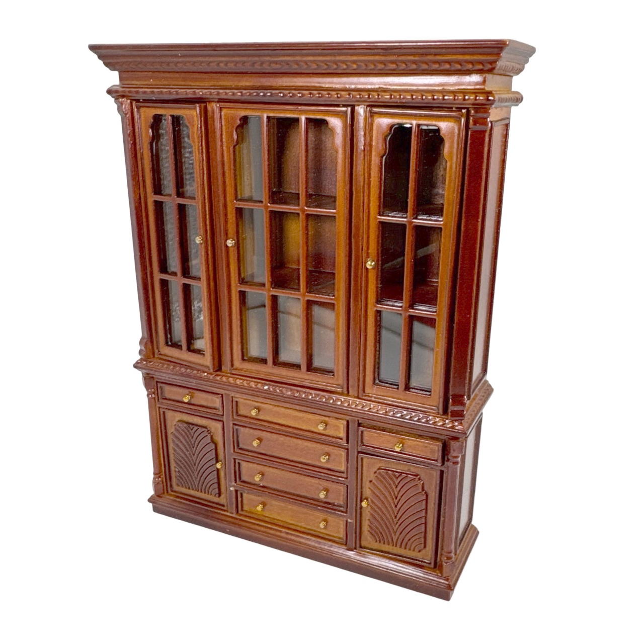 Bibliothèque miniature en bois sombre à l'échelle 1:12 avec finitions dorées et détails en relief, idéale pour collection de maisons de poupée.