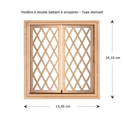 Fenêtre à double battant en bois miniature avec treillis losange, échelle 1:12, pour construction de maison de poupée.