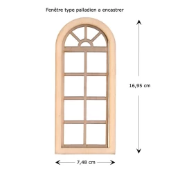 Fenêtre miniature style palladien en bois, découpe laser précise, pour maison de poupée 1:12."