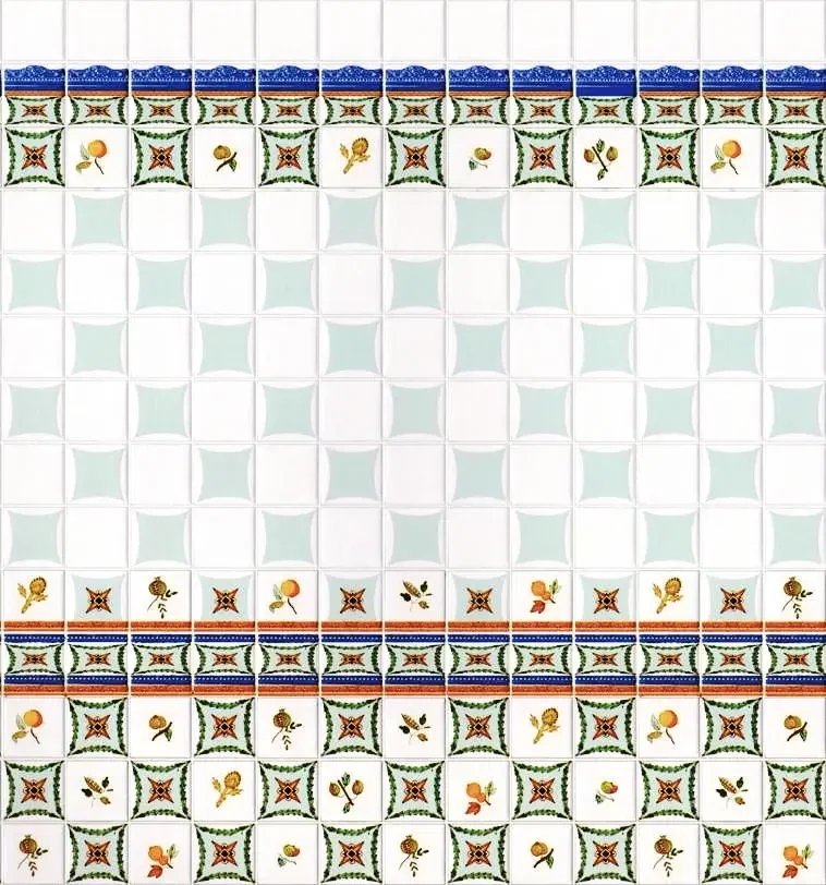 détail carrelage mural miniature blanc et bleu avec frise décorative 1/12e