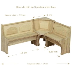 Banc de coin modulaire en chêne clair pour maison de poupée, idéal pour ajouter une touche d'élégance et de fonctionnalité à votre décor miniature.