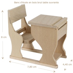Banc d'écolier miniature en bois brut avec pupitre ouvrable pour diorama de maison de poupée, échelle 1:12.