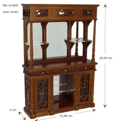 Buffet-bar avec miroir en noyer miniature 1:12, parfait pour enrichir votre maison de poupée avec luxe et style.