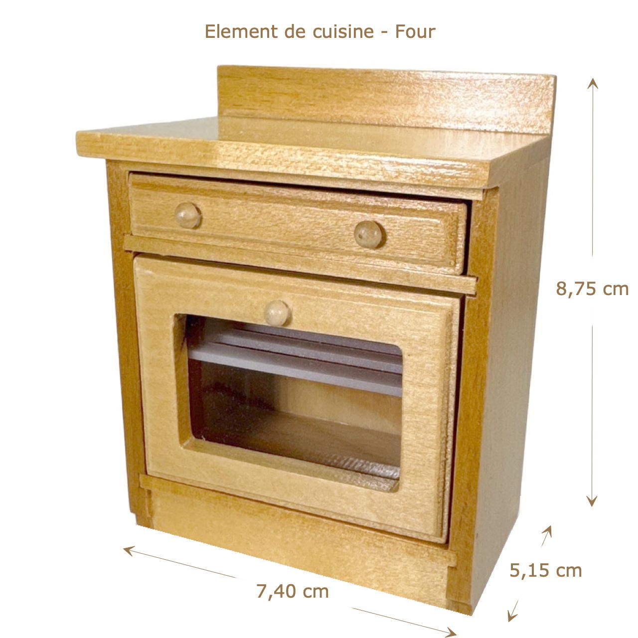 Meuble four élément de cuisine miniature avec four encastré en chêne clair, pour maisons de poupée, alliant élégance et fonctionnalité.