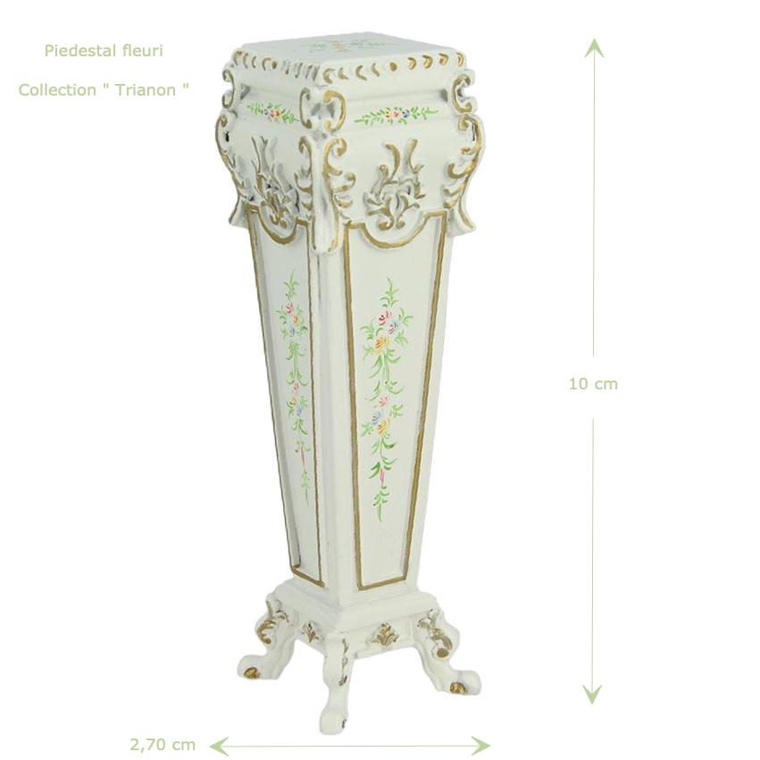 Piédestal fleuri en bois peint sculpté miniature 1:12 avec détails dorés, un ajout luxueux pour maisons de poupée et vitrines de collectionneurs.