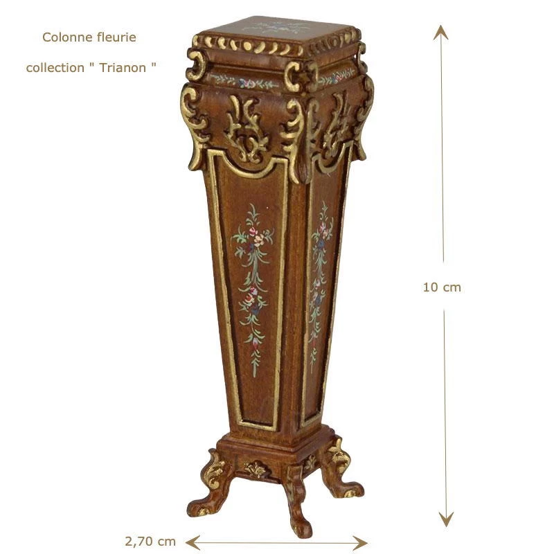 Piédestal fleuri en bois sculpté miniature 1:12 avec détails dorés, un ajout luxueux pour maisons de poupée et vitrines de collectionneurs.