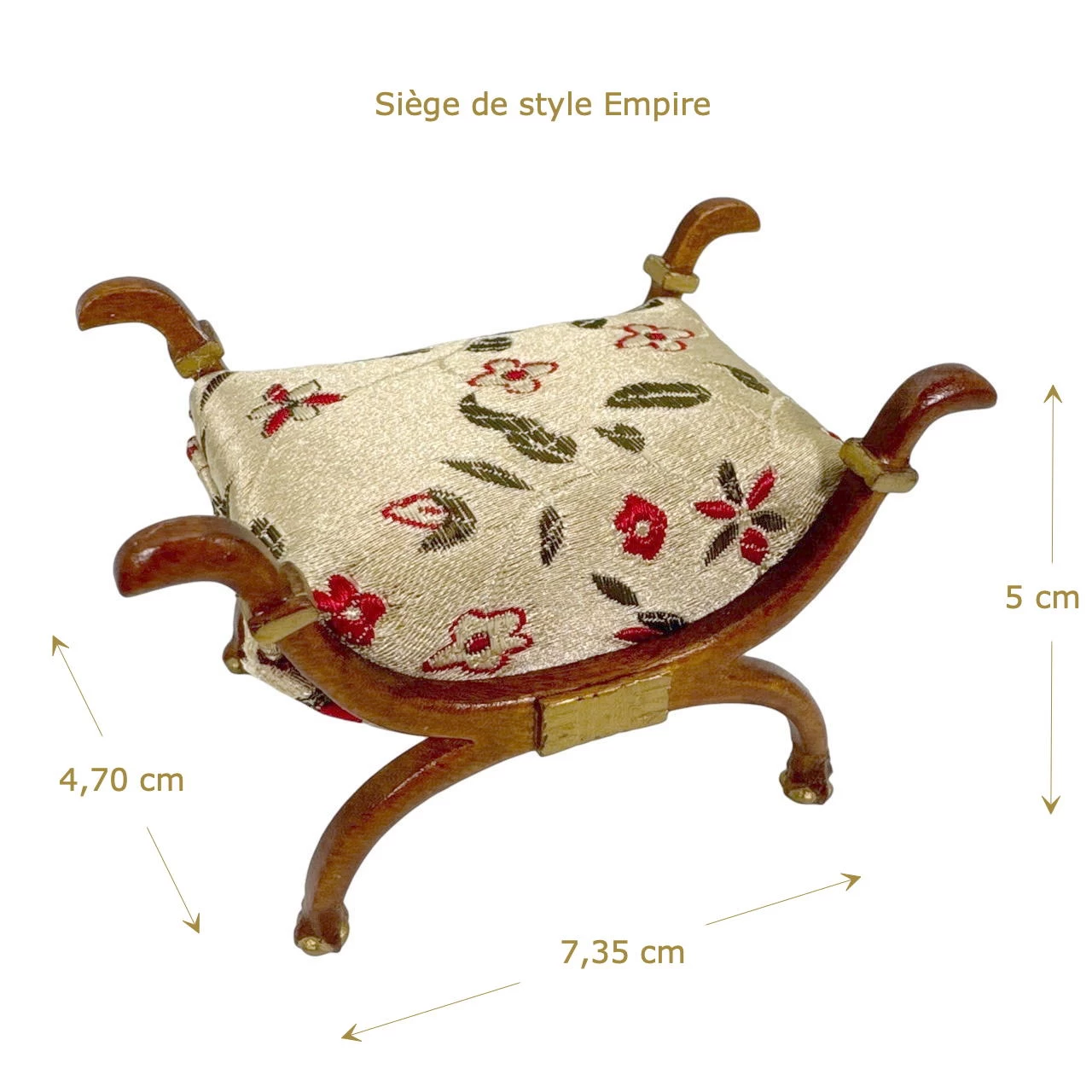 Miniature siège style Empire en bois massif avec tissu à motif pour maison de poupée 1:12.