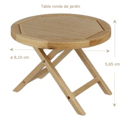 Table ronde de jardin miniature en bois de chêne clair verni, idéale pour ajouter une touche d'élégance rustique à votre maison de poupée.
