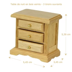 Table de nuit vernie miniature en bois naturel avec finitions dorées, conçue pour enrichir chaque chambre miniature d'une touche classique et raffinée, échelle 1:12