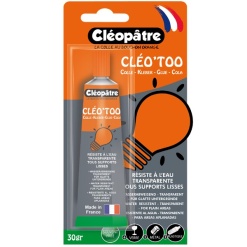 Tube de colle Cléopâtre Cleo'TOO de 30g pour collages multi-surfaces, résistant à l'eau, sans solvant.