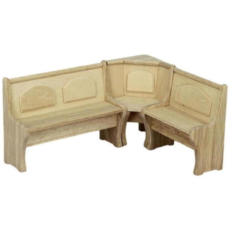 Banc d'angle en bois brut modulable pour maison de poupée, parfait pour personnalisation et décoration miniature.