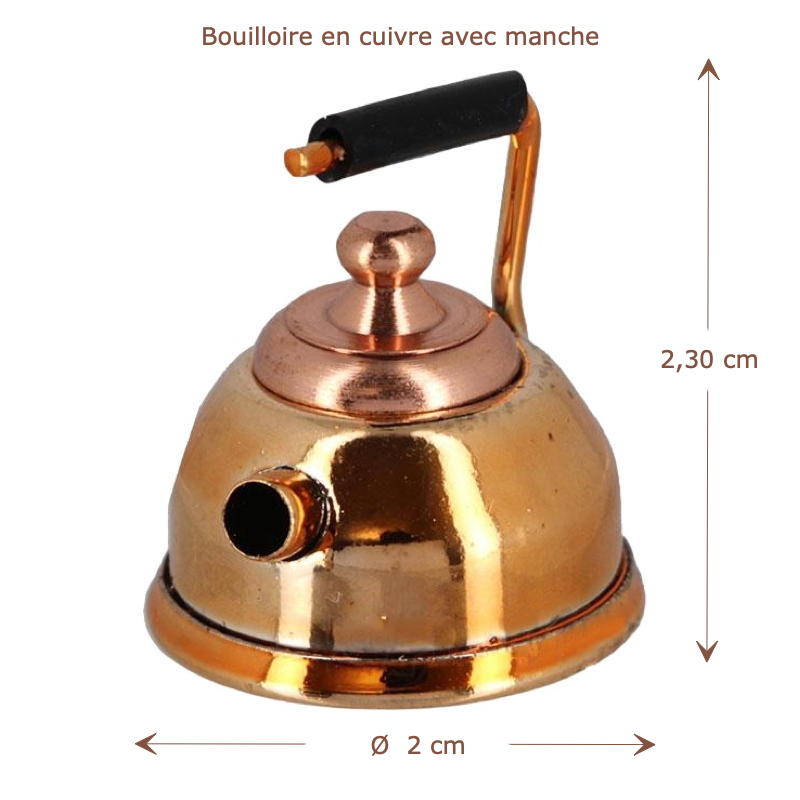 Bouilloire en cuivre avec couvercle amovible pour maison de poupée, miniature échelle 1:12.