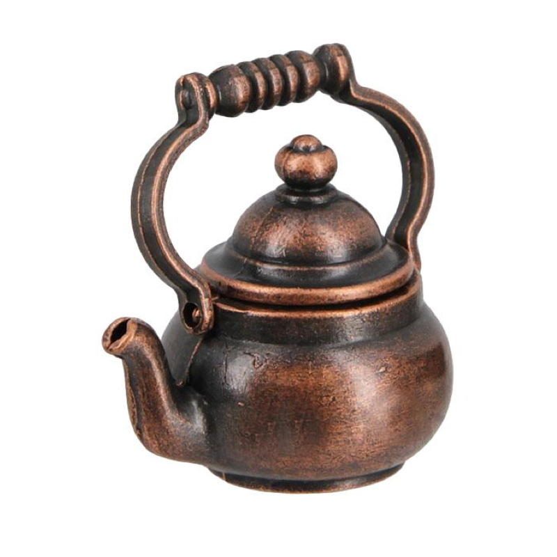 Bouilloire en cuivre miniature avec couvercle amovible pour maison de poupée, parfaite pour ajouter une touche d'élégance classique à votre collection.