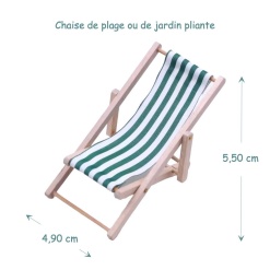 Chaise pliante miniature vert foncé rayée pour maison de poupée, échelle 1:12.