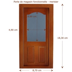 Porte de magasin miniature en merisier, vitrée et fonctionnelle, avec cadre de finition élégant, idéale pour maisons de poupée à l'échelle 1:12.